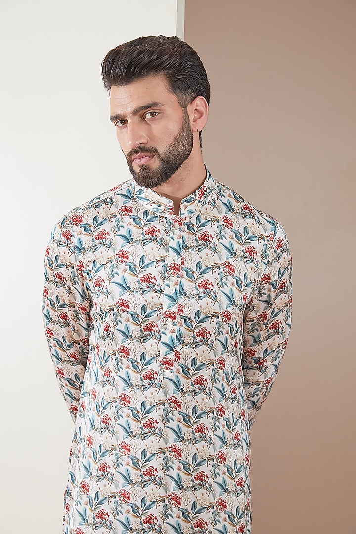 Ivory Modal Leaf Printed Kurta Set by ARJAN DUGAL at Pernia's Pop Up Shop