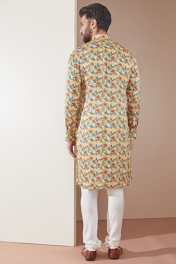 Yellow Modal Leaf Printed Kurta Set by ARJAN DUGAL at Pernia's Pop Up Shop