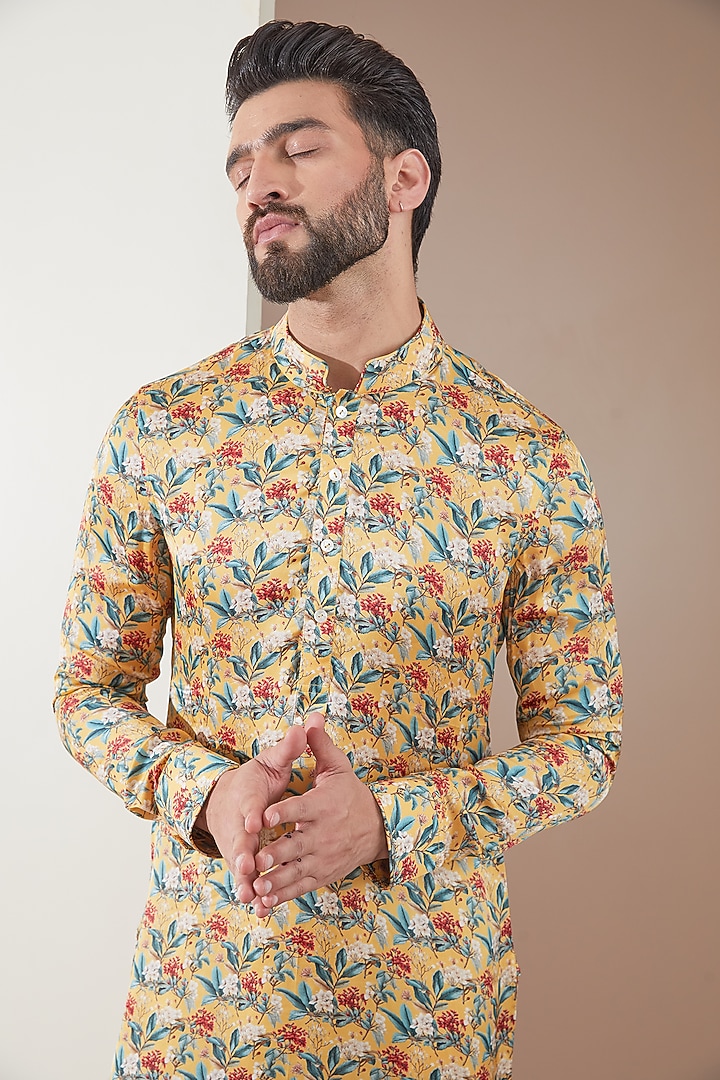 Yellow Modal Leaf Printed Kurta Set by ARJAN DUGAL at Pernia's Pop Up Shop
