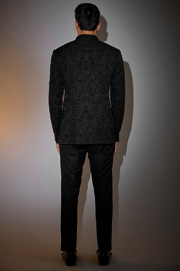 Black Organza & Muga Silk Beaded Bandhgala Set by ARJAN DUGAL at Pernia's Pop Up Shop
