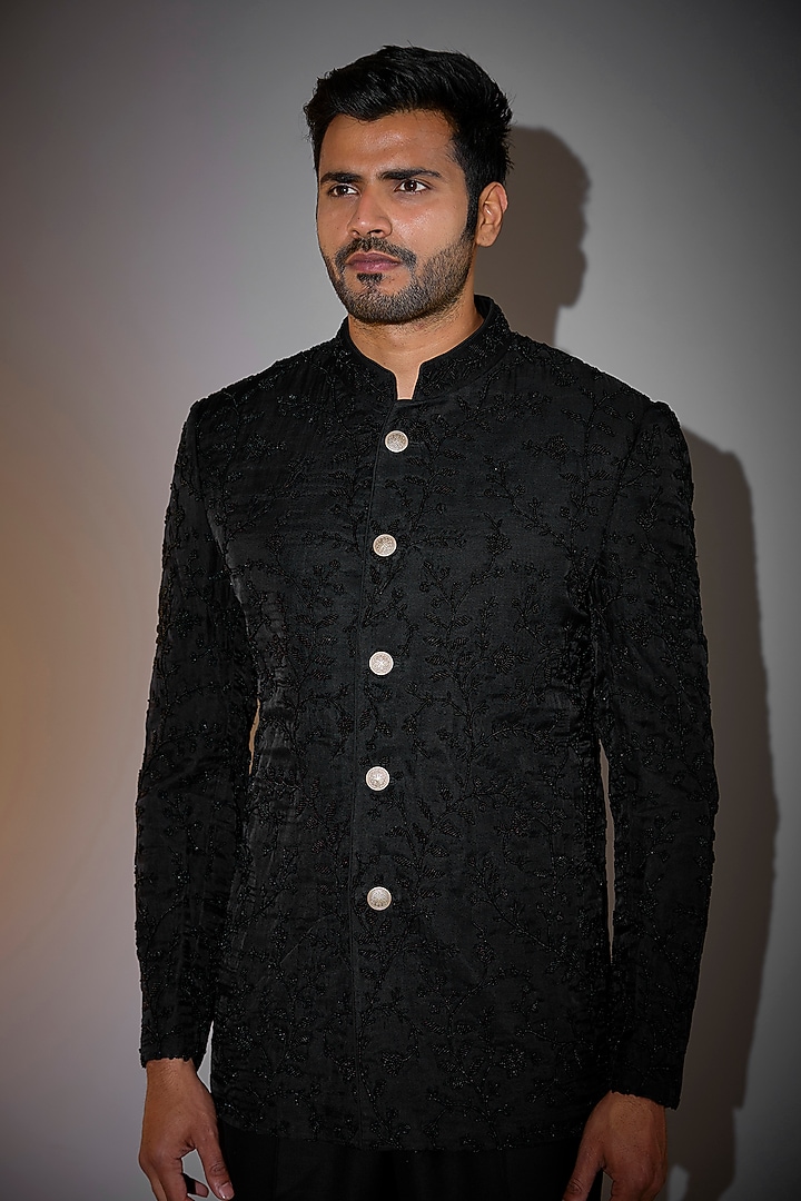 Black Organza & Muga Silk Beaded Bandhgala Set by ARJAN DUGAL at Pernia's Pop Up Shop