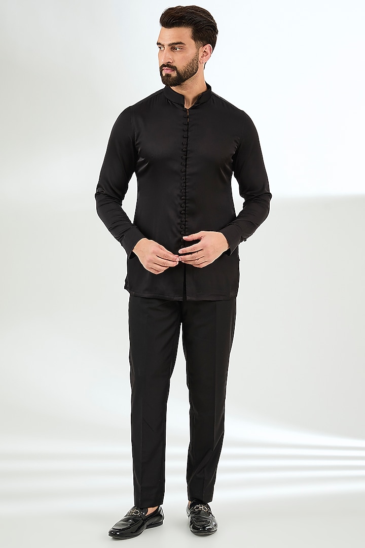 Black Velvet Groom Bandhgala Set by ARJAN DUGAL at Pernia's Pop Up Shop