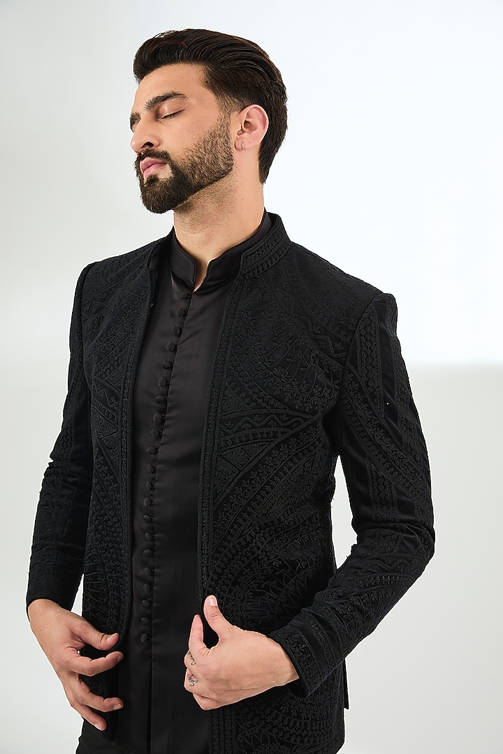 Black Velvet Groom Bandhgala Set by ARJAN DUGAL at Pernia's Pop Up Shop