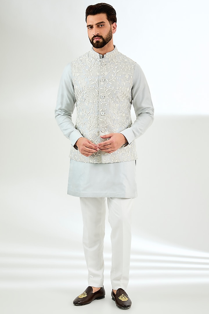 Powder Blue Chanderi Silk Beaded Nehru Jacket Set by ARJAN DUGAL