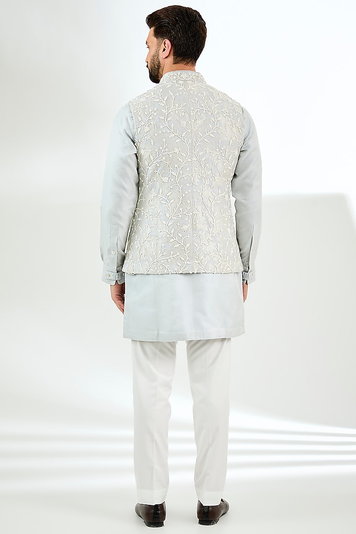Powder Blue Chanderi Silk Beaded Nehru Jacket Set by ARJAN DUGAL at Pernia's Pop Up Shop