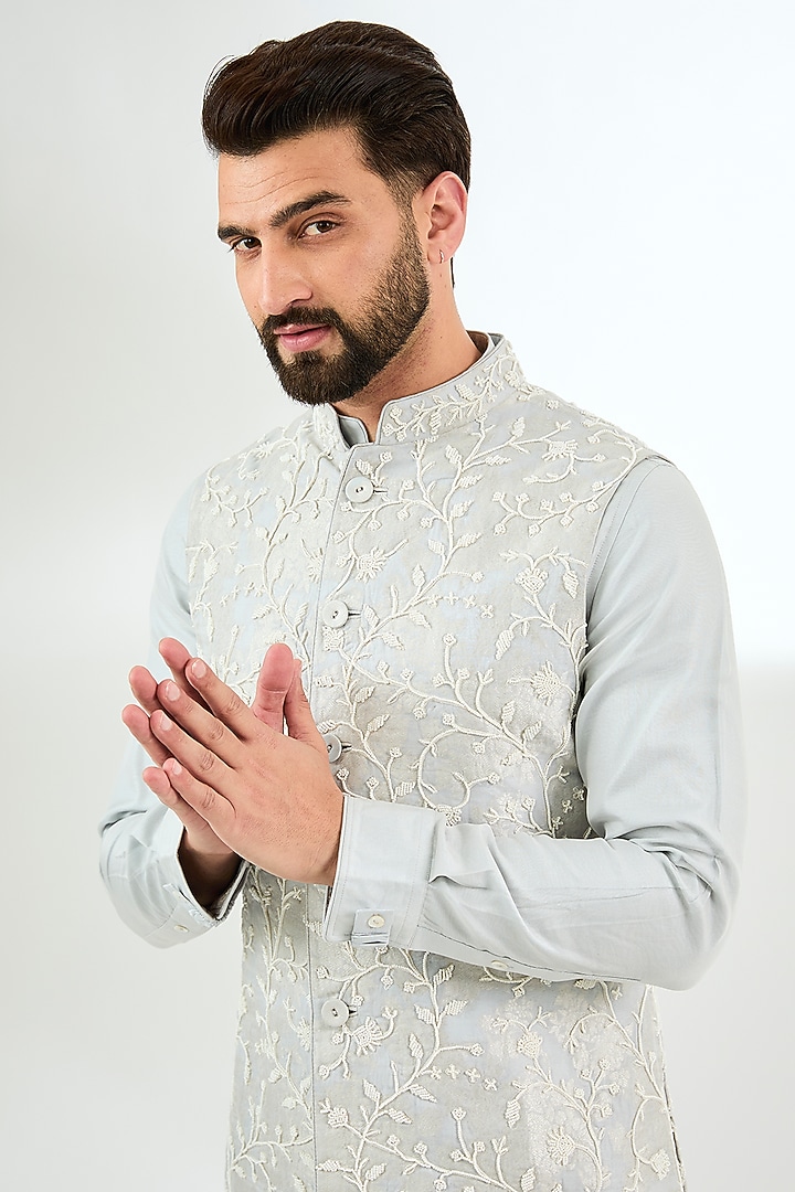 Powder Blue Chanderi Silk Beaded Nehru Jacket Set by ARJAN DUGAL at Pernia's Pop Up Shop