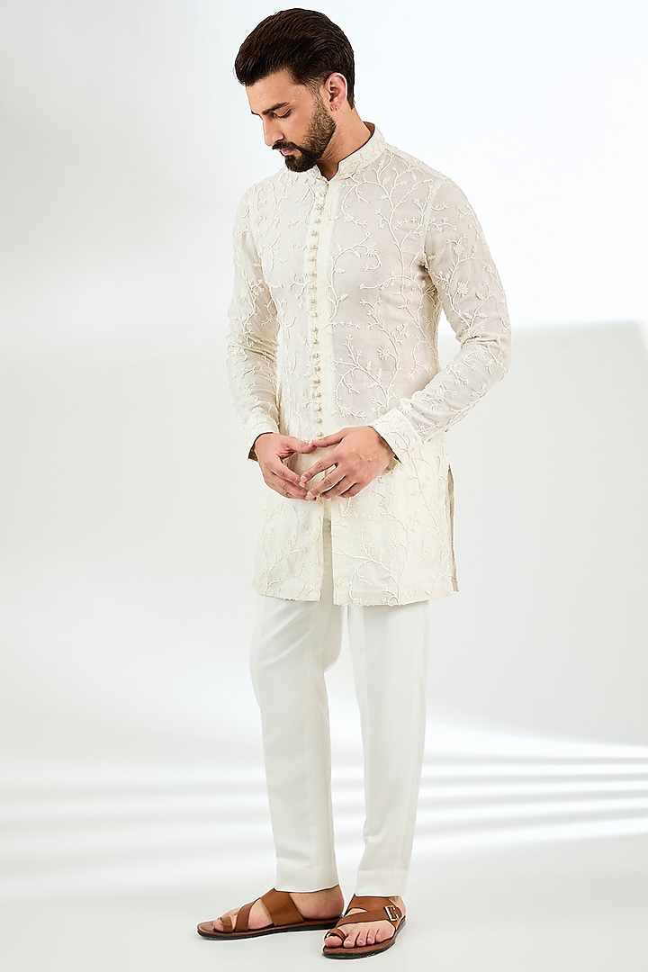 Ivory Organza Bead Hand Embroidered Kurta Set by ARJAN DUGAL