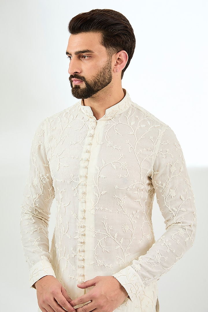 Ivory Organza Bead Hand Embroidered Kurta Set by ARJAN DUGAL at Pernia's Pop Up Shop
