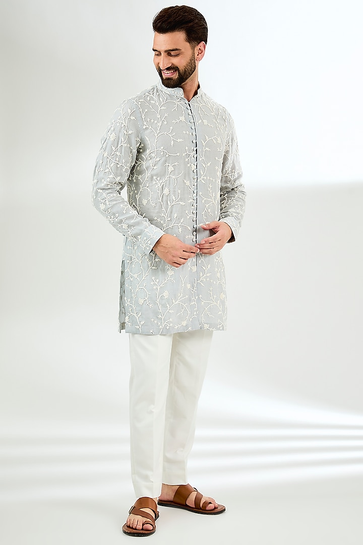 Powder Blue Organza Bead Hand Embroidered Kurta Set by ARJAN DUGAL