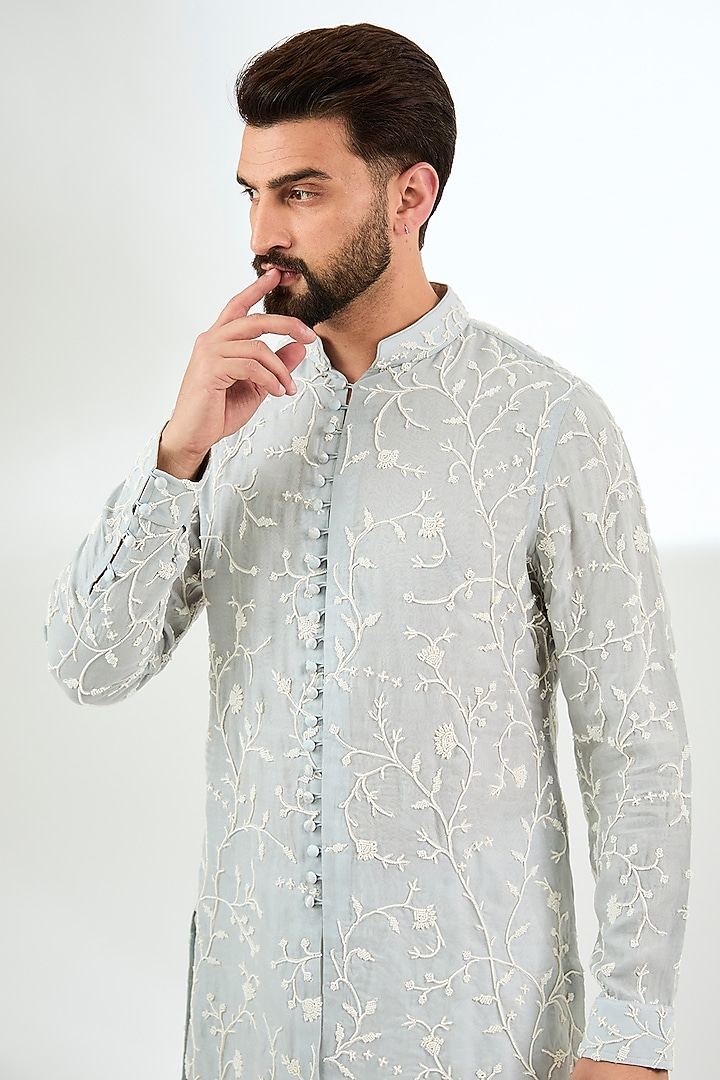Powder Blue Organza Bead Hand Embroidered Kurta Set by ARJAN DUGAL at Pernia's Pop Up Shop