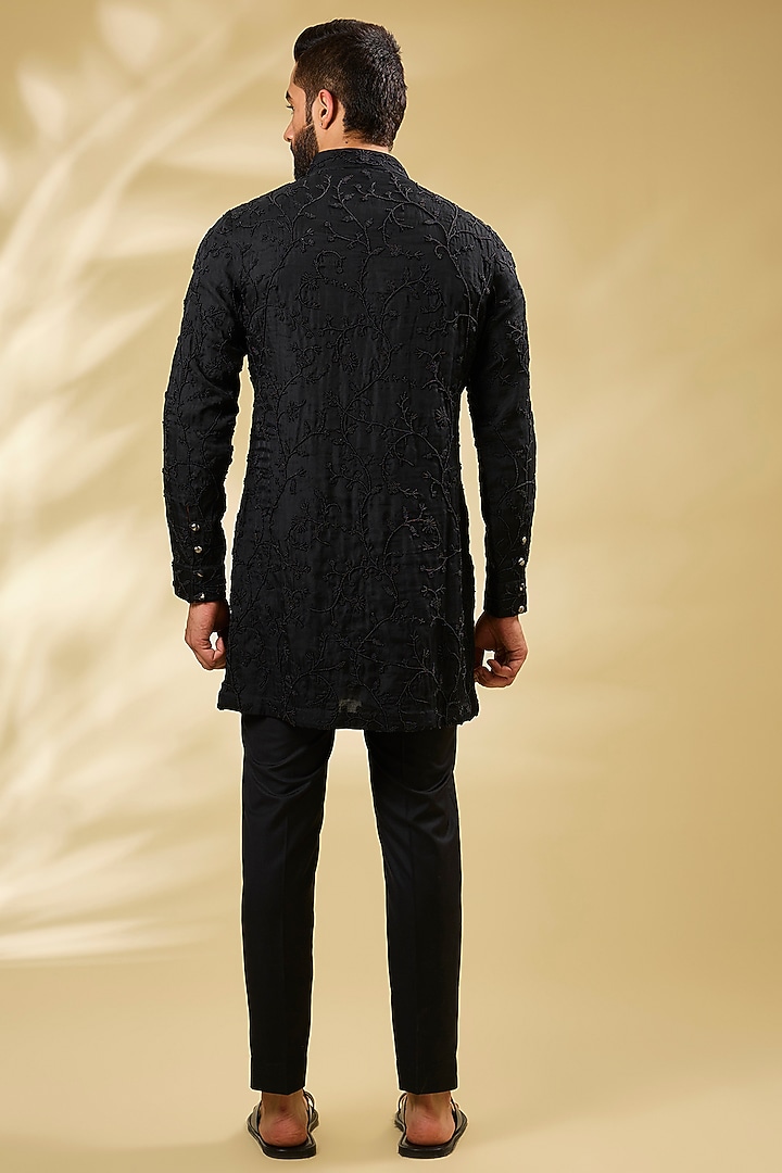 Black Silk Embroidered Kurta Set by ARJAN DUGAL at Pernia's Pop Up Shop
