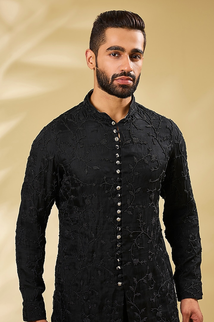 Black Silk Embroidered Kurta Set by ARJAN DUGAL at Pernia's Pop Up Shop