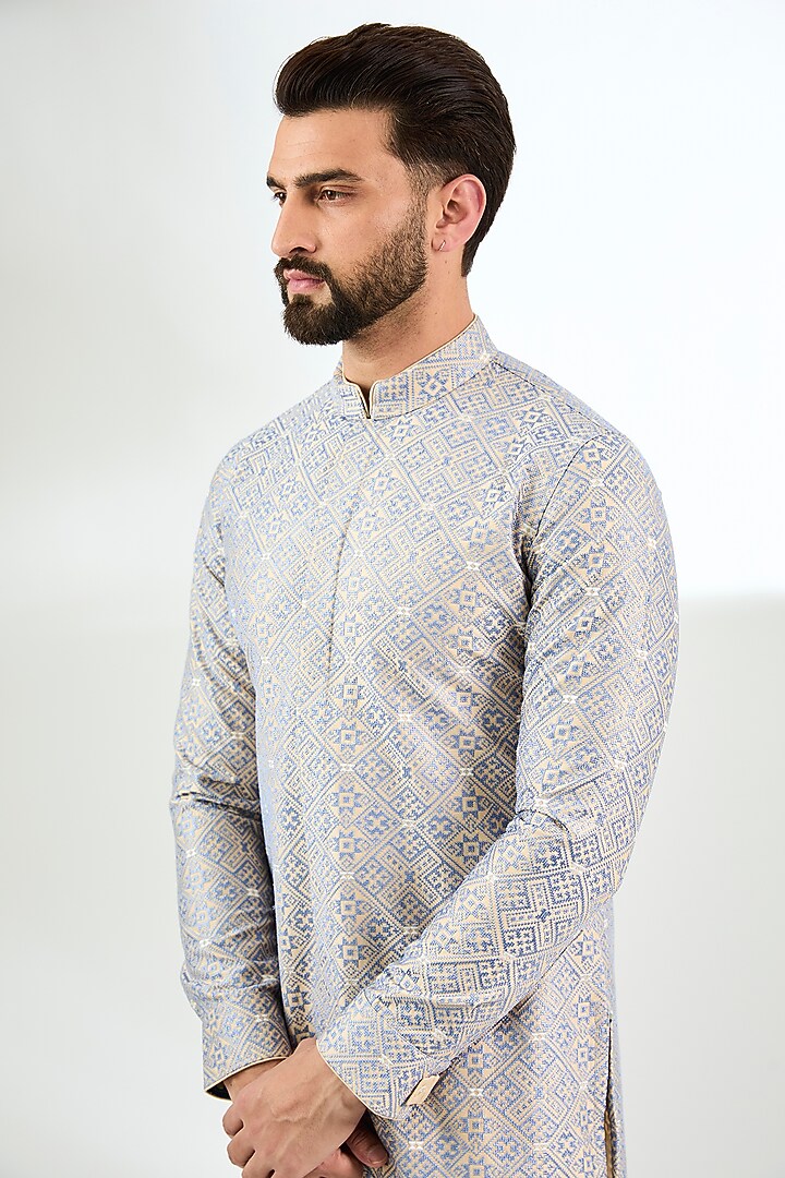 Beige Chanderi Silk Diamond Embroidered Kurta Set by ARJAN DUGAL at Pernia's Pop Up Shop