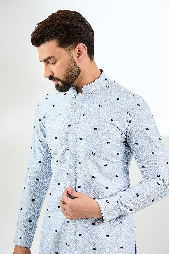 Light Blue Chanderi Silk Diamond Embroidered Kurta Set by ARJAN DUGAL at Pernia's Pop Up Shop
