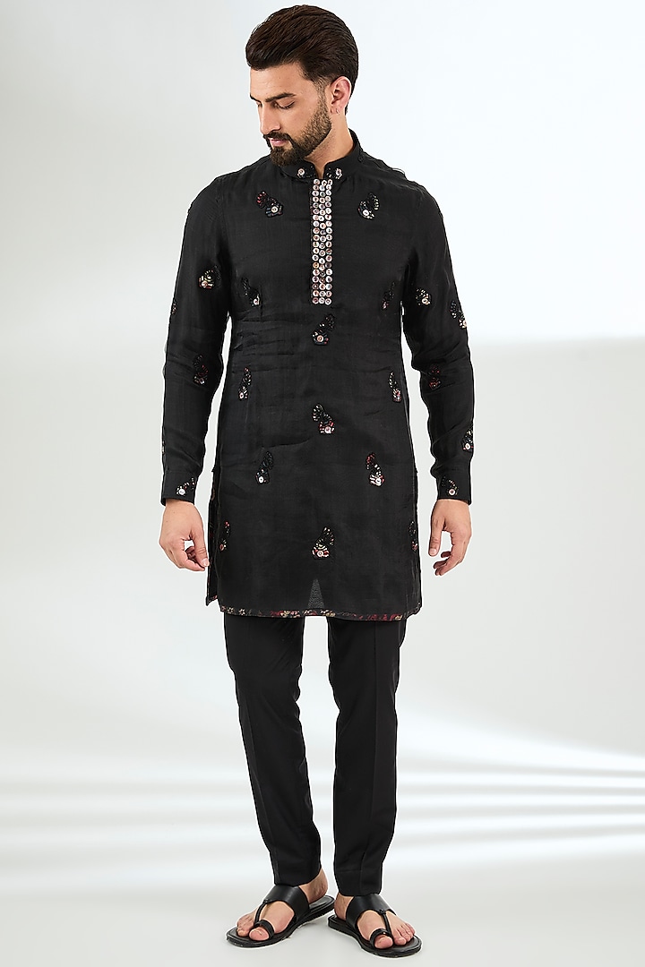 Black Organza Dori Patch Work Kurta Set by ARJAN DUGAL at Pernia's Pop Up Shop