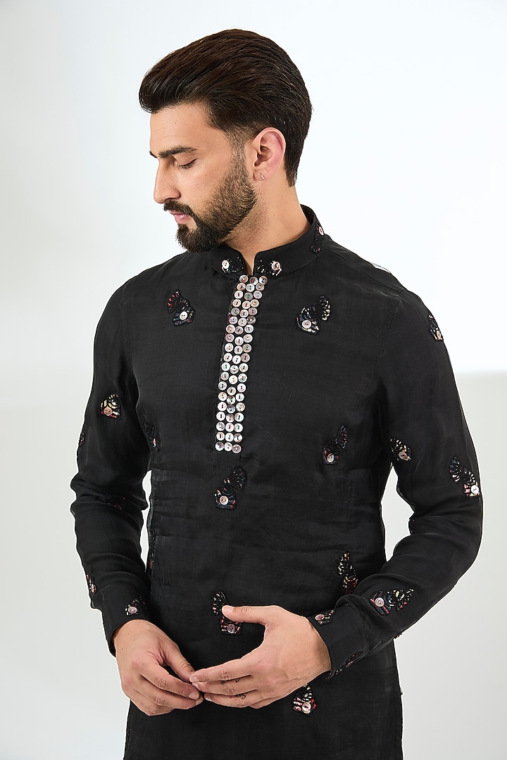Black Organza Dori Patch Work Kurta Set by ARJAN DUGAL at Pernia's Pop Up Shop