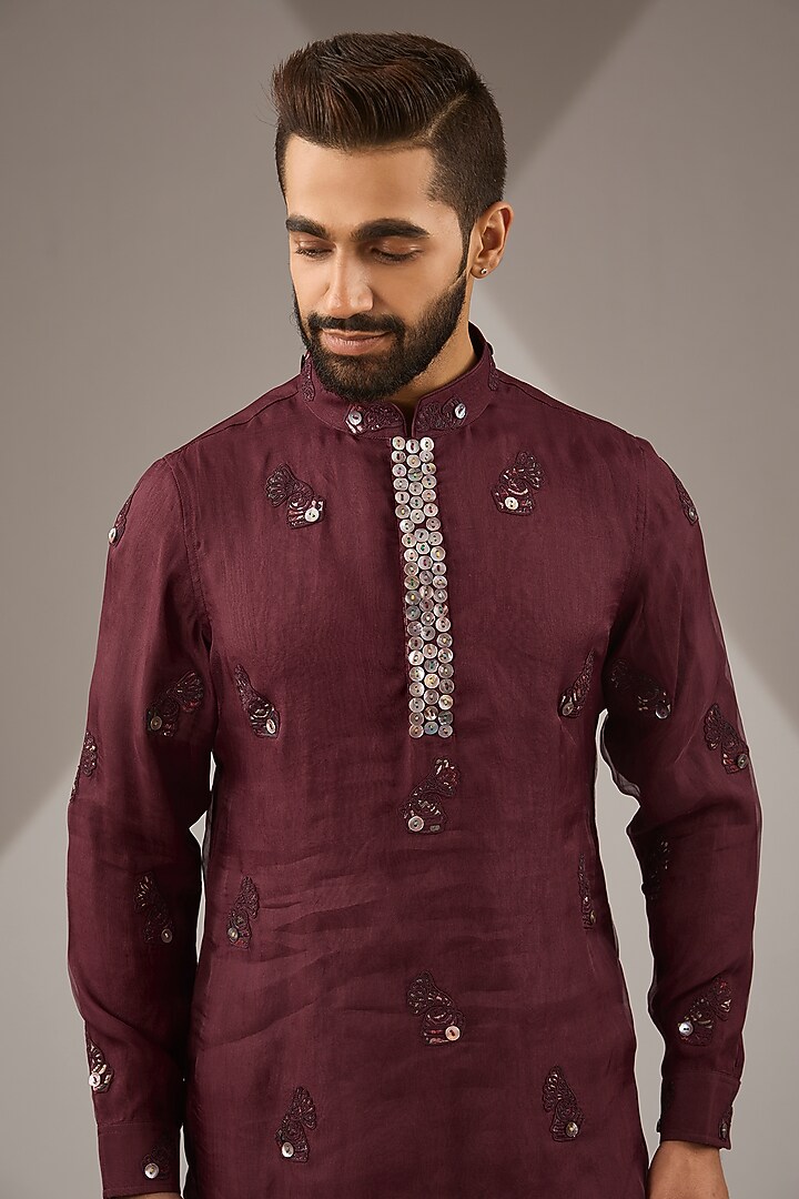 Wine Organza Dori Patch Work Kurta Set by ARJAN DUGAL at Pernia's Pop Up Shop