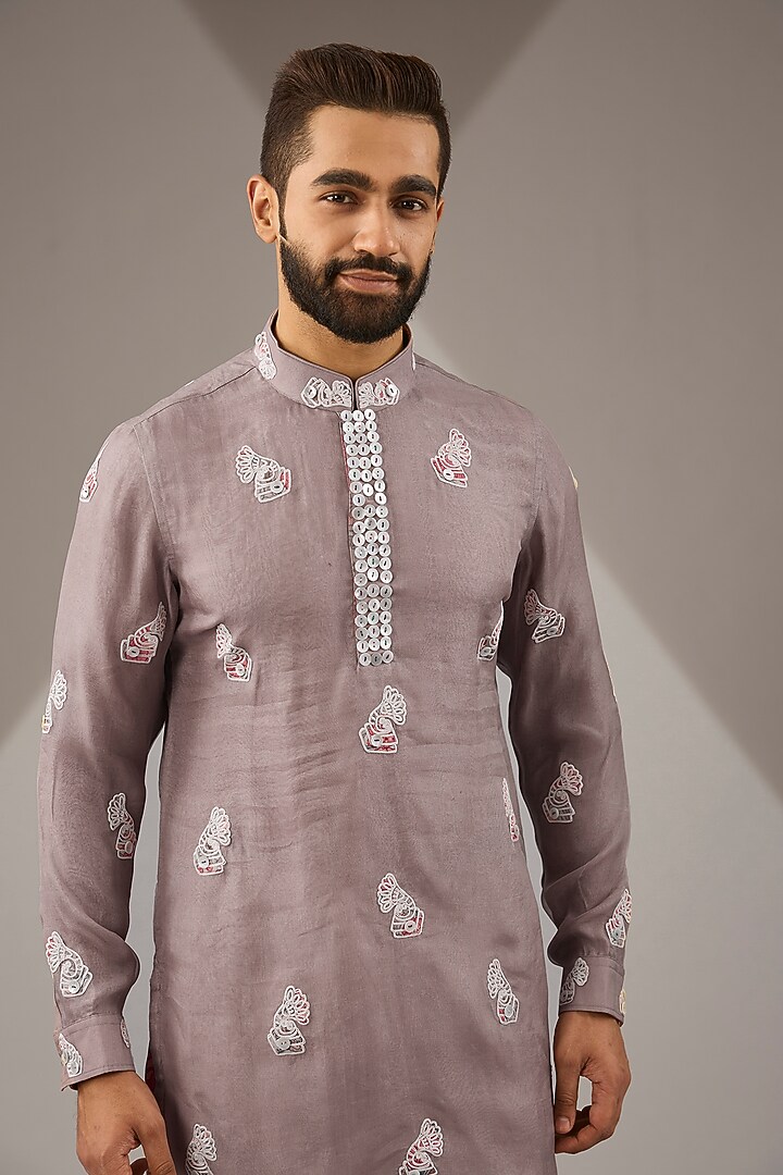 Dark Grey Organza Dori Patch Work Kurta Set by ARJAN DUGAL at Pernia's Pop Up Shop