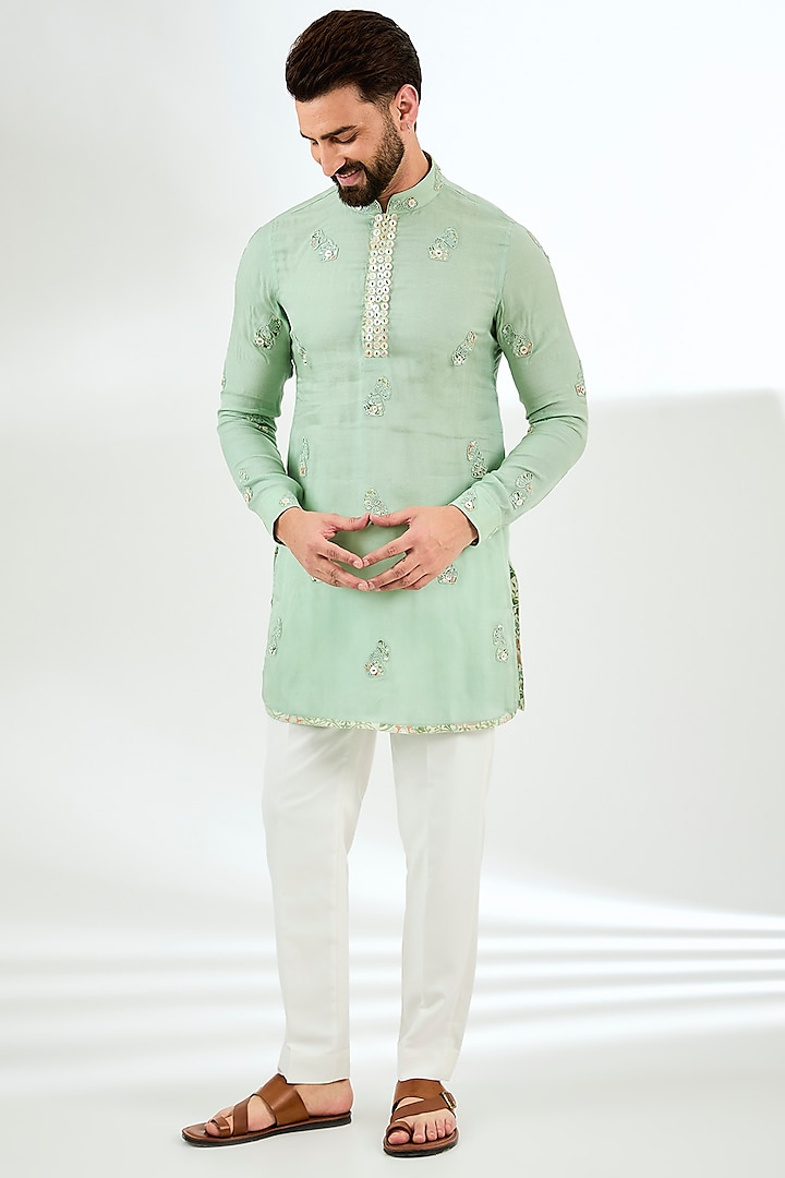 Sage Green Organza Dori Patch Work Kurta Set by ARJAN DUGAL at Pernia's Pop Up Shop