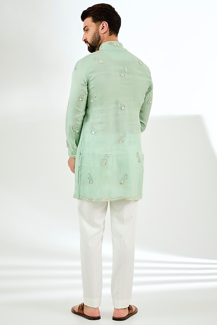 Sage Green Organza Dori Patch Work Kurta Set by ARJAN DUGAL at Pernia's Pop Up Shop