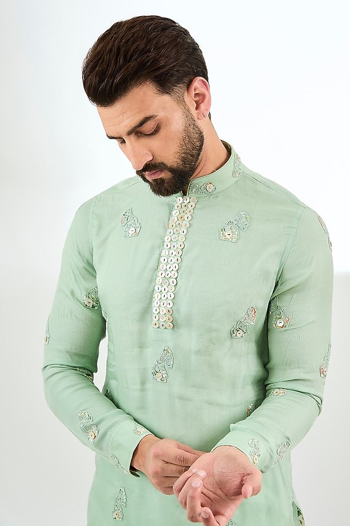 Sage Green Organza Dori Patch Work Kurta Set by ARJAN DUGAL at Pernia's Pop Up Shop