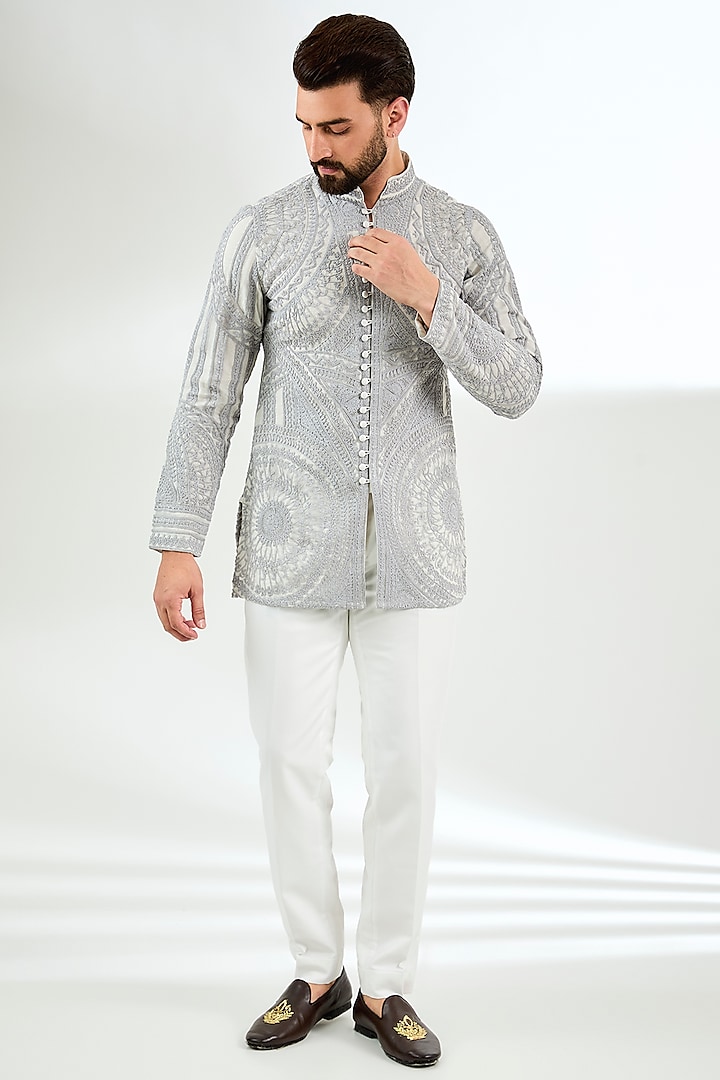 Light Grey Organza Dori Embroidered Kurta Set by ARJAN DUGAL at Pernia's Pop Up Shop