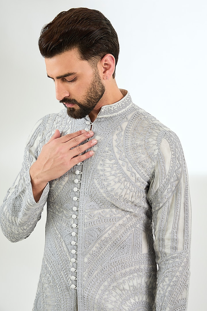 Light Grey Organza Dori Embroidered Kurta Set by ARJAN DUGAL at Pernia's Pop Up Shop