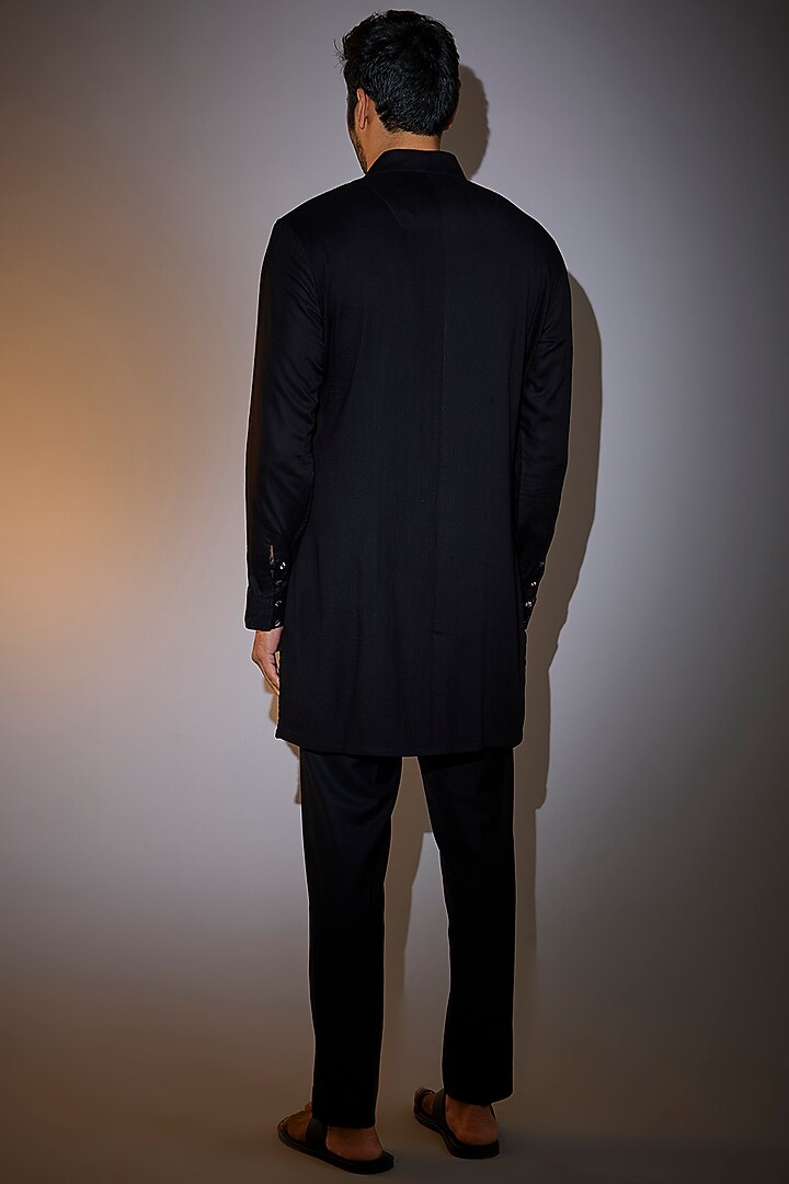 Black Viscose Pintucked Kurta Set by ARJAN DUGAL at Pernia's Pop Up Shop