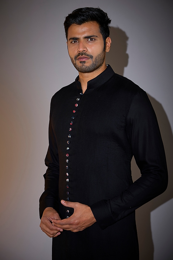 Black Viscose Pintucked Kurta Set by ARJAN DUGAL at Pernia's Pop Up Shop