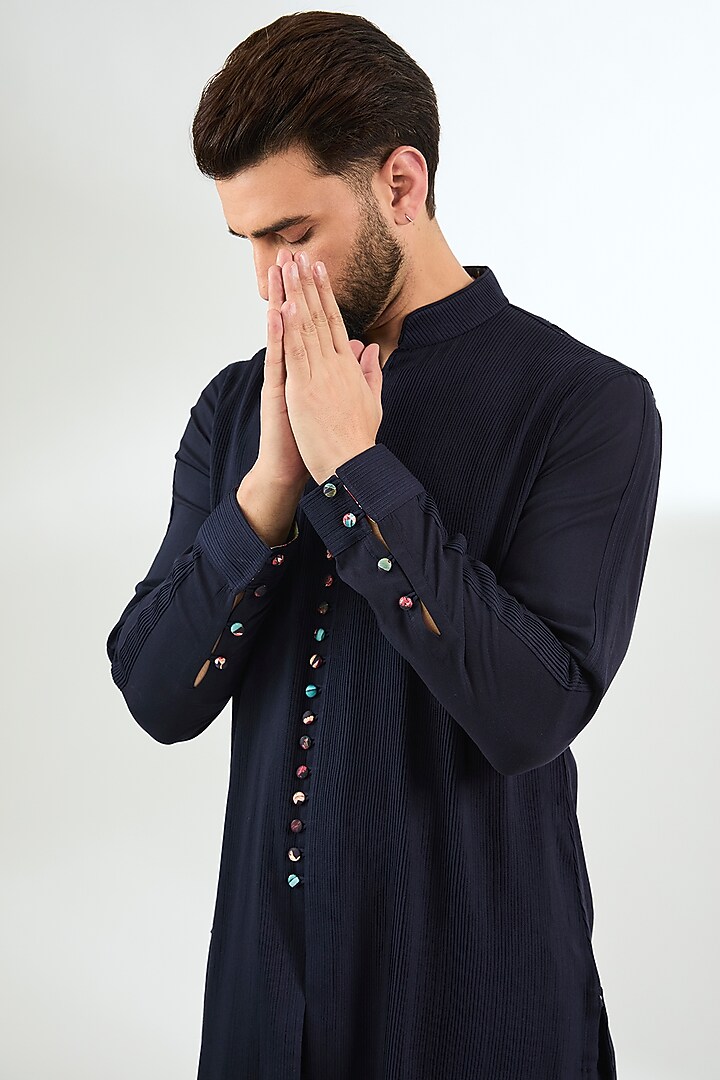 Navy Viscose Pintuck Kurta Set by ARJAN DUGAL at Pernia's Pop Up Shop