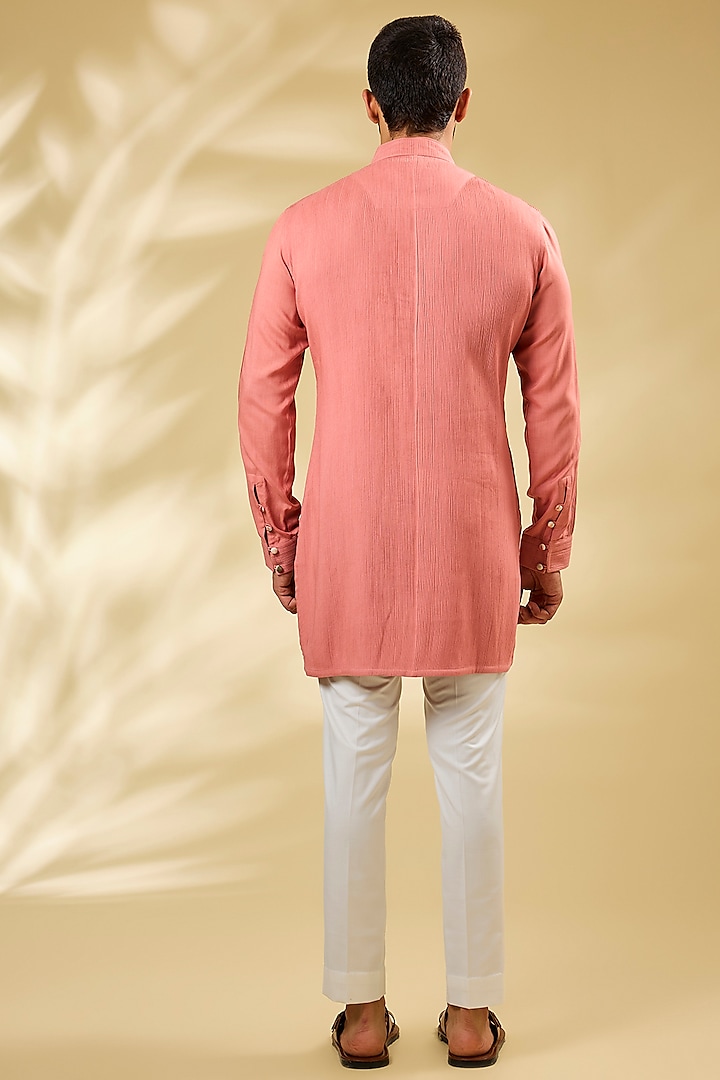 Pale Peach Viscose Pintuck Kurta Set by ARJAN DUGAL at Pernia's Pop Up Shop