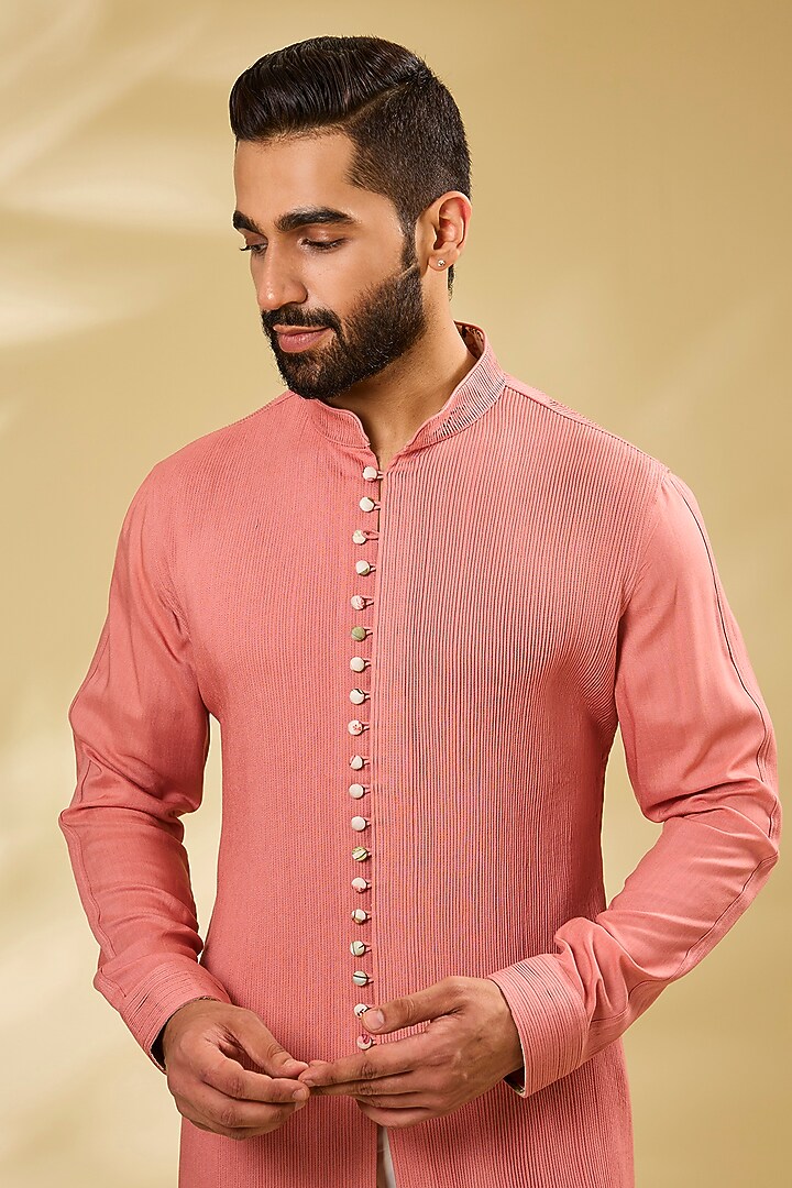 Pale Peach Viscose Pintuck Kurta Set by ARJAN DUGAL at Pernia's Pop Up Shop