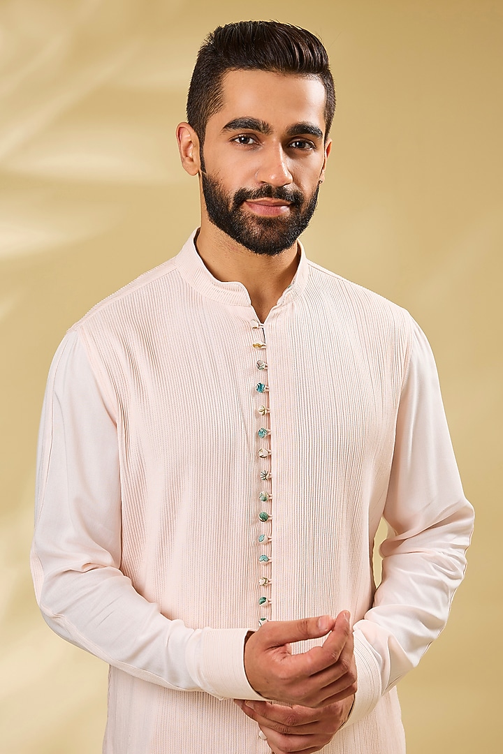 Powder Pink Viscose Pintuck Kurta Set by ARJAN DUGAL at Pernia's Pop Up Shop