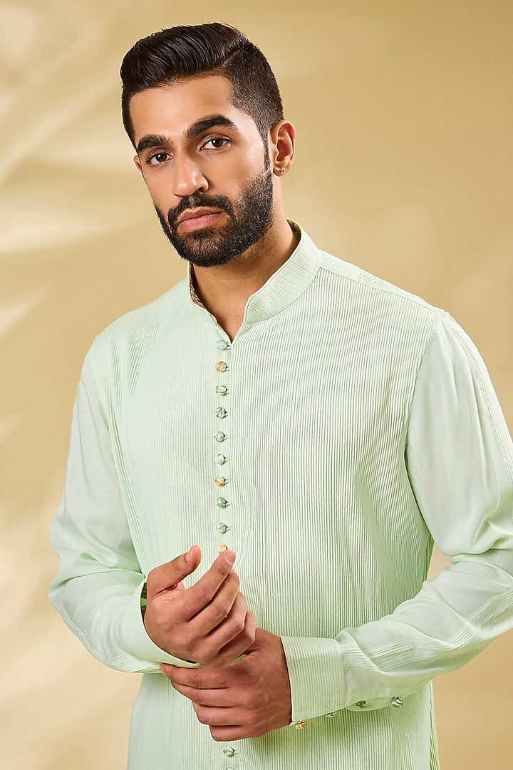 Sea Green Viscose Pintuck Kurta Set by ARJAN DUGAL at Pernia's Pop Up Shop