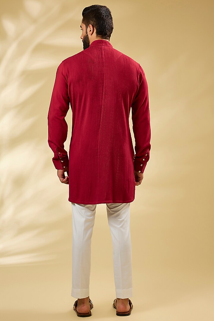 Red Viscose Pintuck Kurta Set by ARJAN DUGAL at Pernia's Pop Up Shop