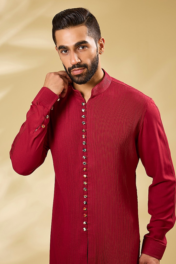 Red Viscose Pintuck Kurta Set by ARJAN DUGAL at Pernia's Pop Up Shop