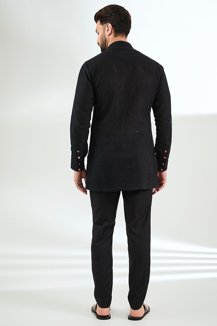 Black Organza Printed & Silk Thread Embroidered Kurta Set by ARJAN DUGAL at Pernia's Pop Up Shop