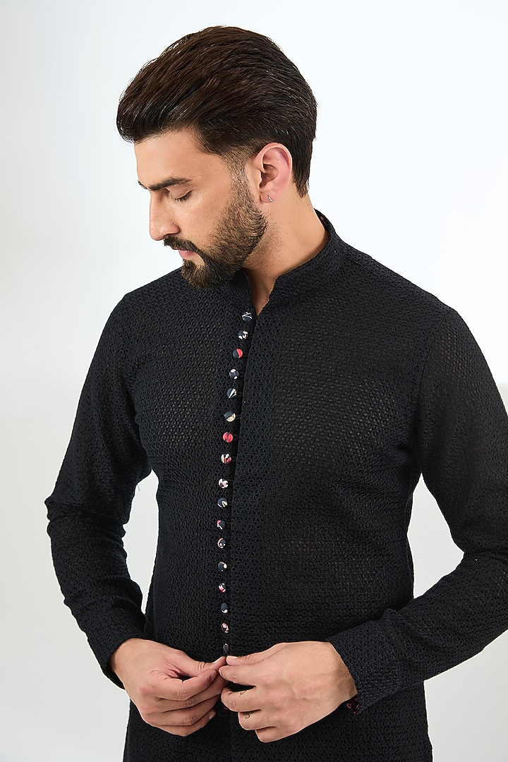 Black Organza Printed & Silk Thread Embroidered Kurta Set by ARJAN DUGAL at Pernia's Pop Up Shop