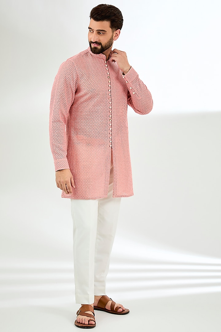 Cotton Candy Organza Printed & Silk Thread Embroidered Kurta Set by ARJAN DUGAL at Pernia's Pop Up Shop