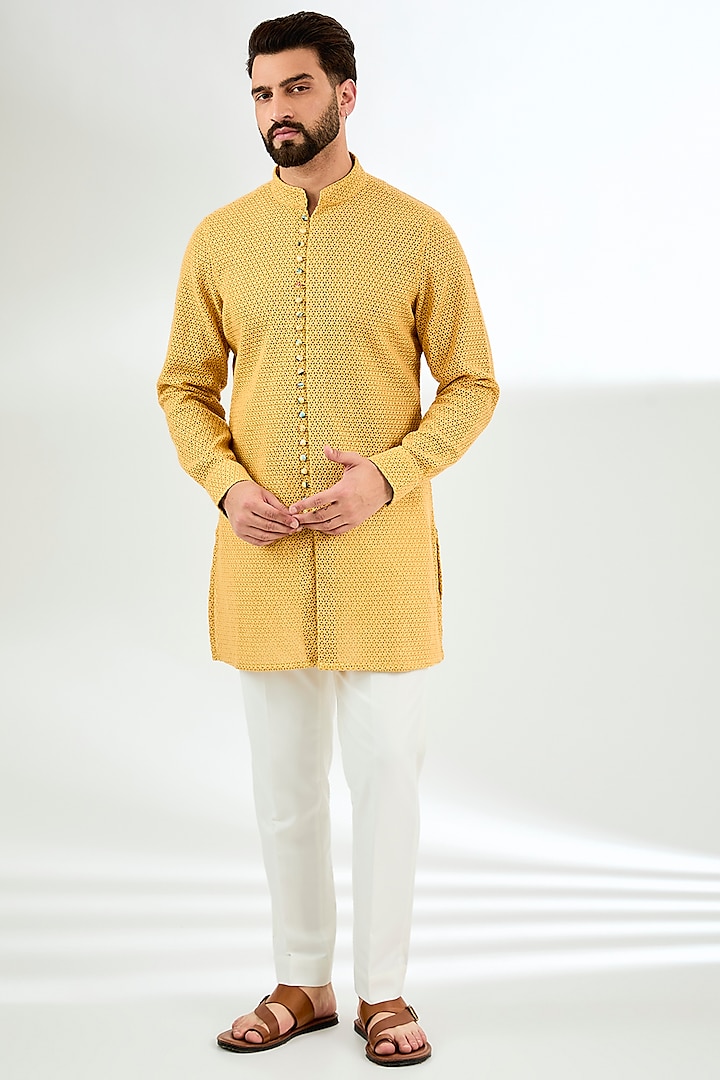 Mustard Organza Printed & Silk Thread Embroidered Kurta Set by ARJAN DUGAL at Pernia's Pop Up Shop