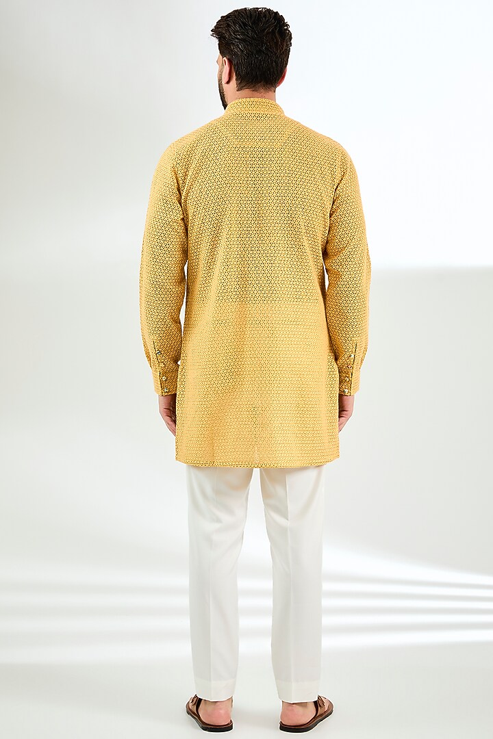 Mustard Organza Printed & Silk Thread Embroidered Kurta Set by ARJAN DUGAL at Pernia's Pop Up Shop