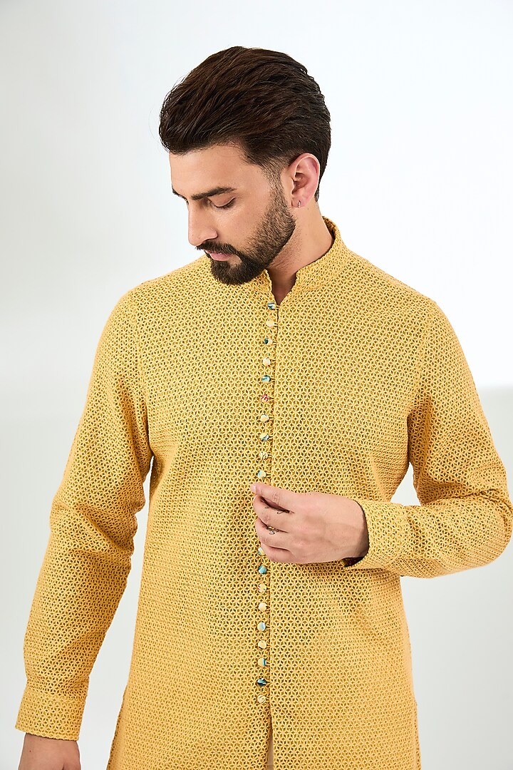 Mustard Organza Printed & Silk Thread Embroidered Kurta Set by ARJAN DUGAL at Pernia's Pop Up Shop