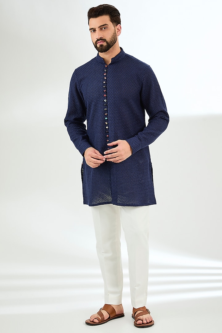 Navy Organza Printed & Silk Thread Embroidered Kurta Set by ARJAN DUGAL at Pernia's Pop Up Shop