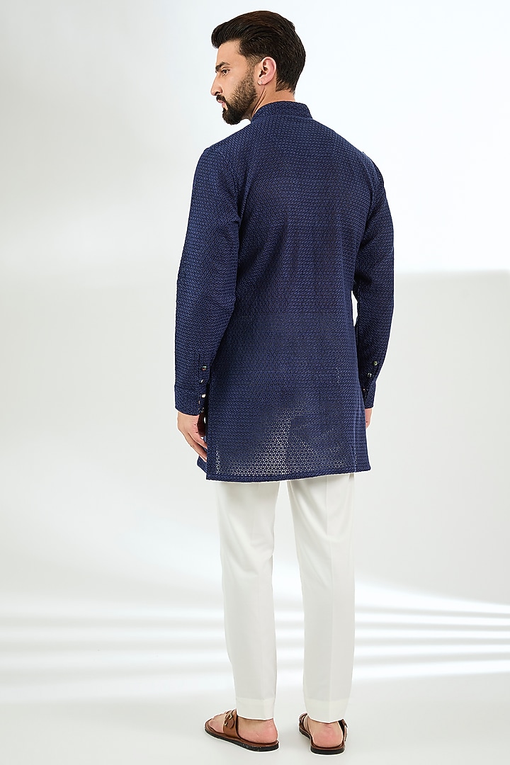 Navy Organza Printed & Silk Thread Embroidered Kurta Set by ARJAN DUGAL at Pernia's Pop Up Shop