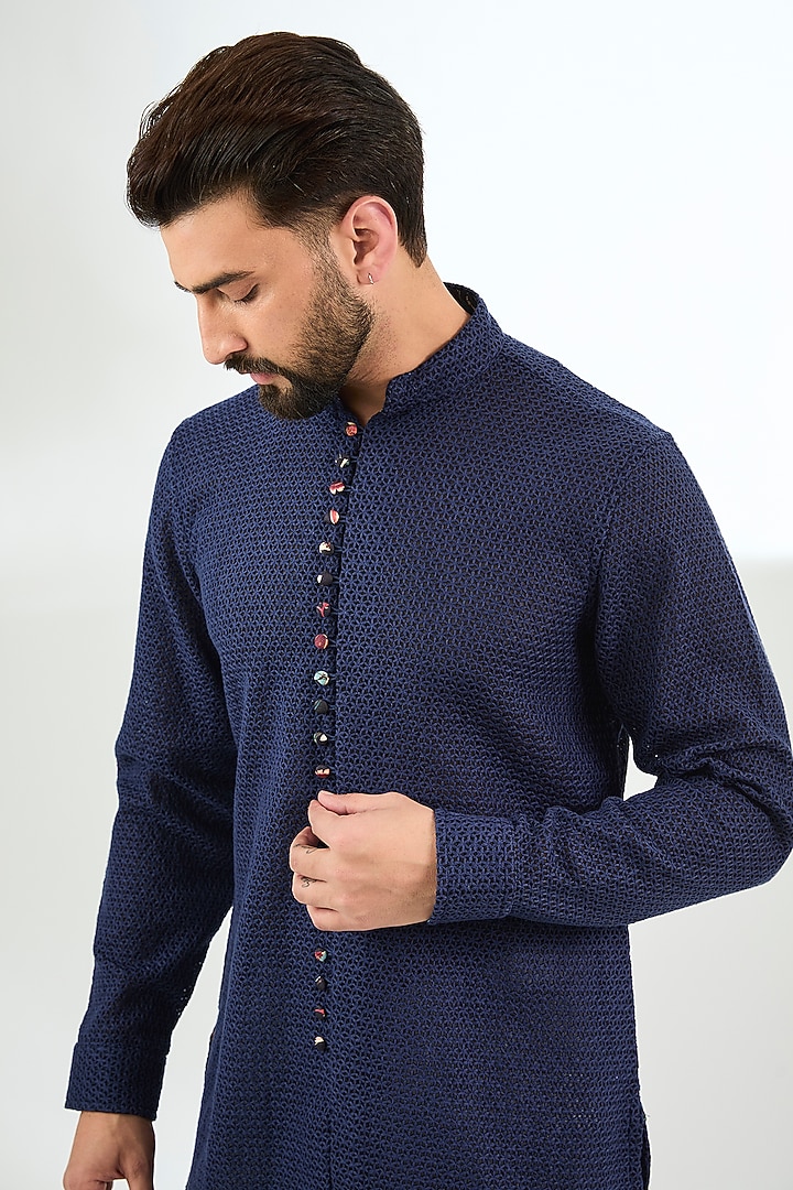 Navy Organza Printed & Silk Thread Embroidered Kurta Set by ARJAN DUGAL at Pernia's Pop Up Shop