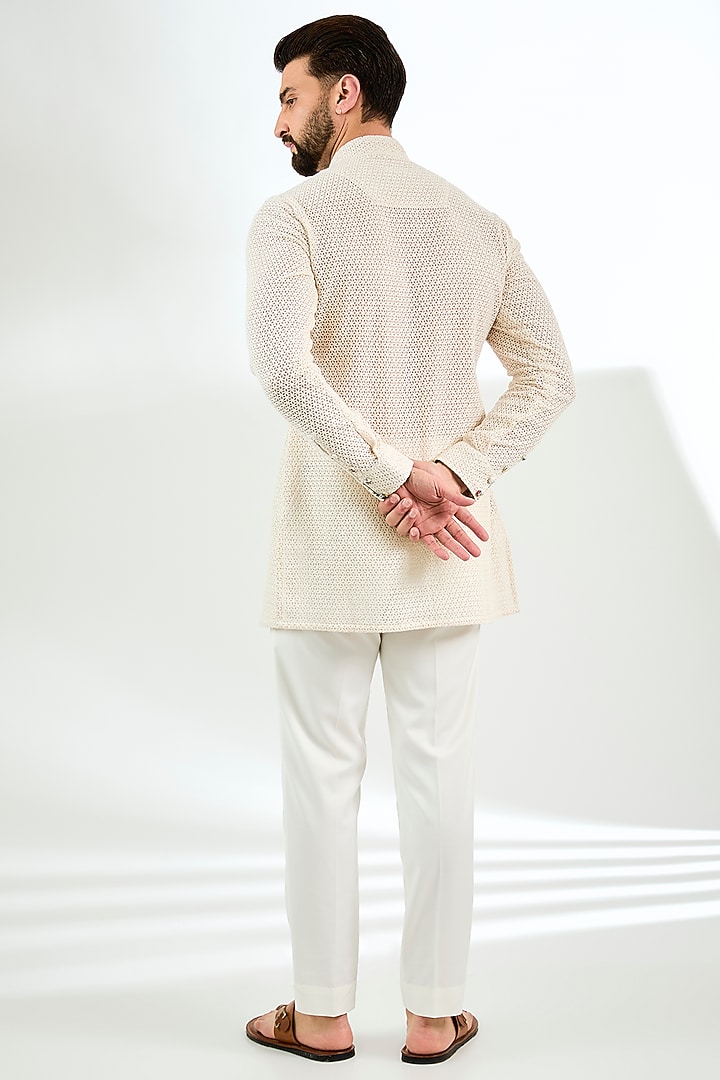 Off-White Organza Printed & Silk Thread Embroidered Kurta Set by ARJAN DUGAL at Pernia's Pop Up Shop