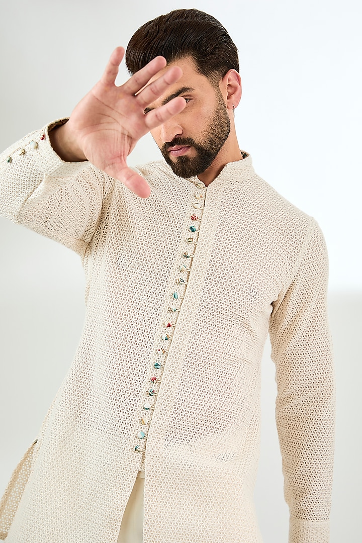 Off-White Organza Printed & Silk Thread Embroidered Kurta Set by ARJAN DUGAL at Pernia's Pop Up Shop