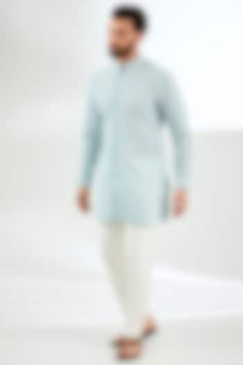 Powder Blue Organza Printed & Silk Thread Embroidered Kurta Set by ARJAN DUGAL