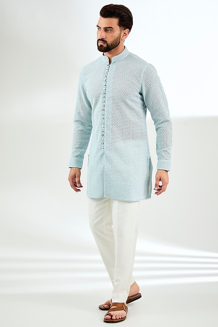 Powder Blue Organza Printed & Silk Thread Embroidered Kurta Set by ARJAN DUGAL