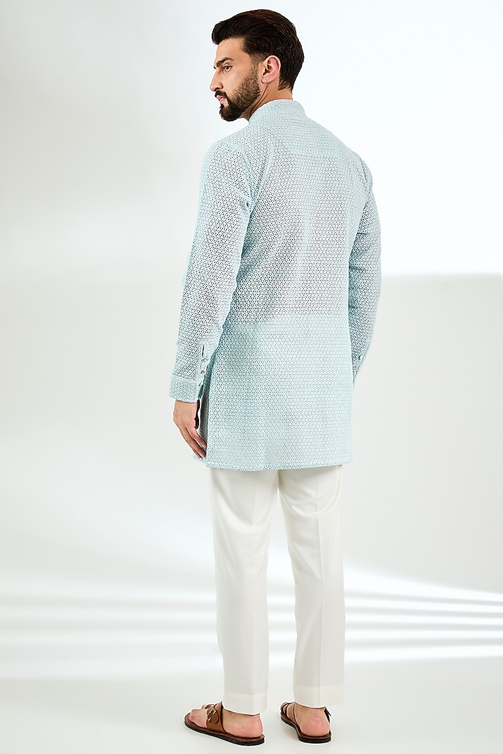 Powder Blue Organza Printed & Silk Thread Embroidered Kurta Set by ARJAN DUGAL at Pernia's Pop Up Shop